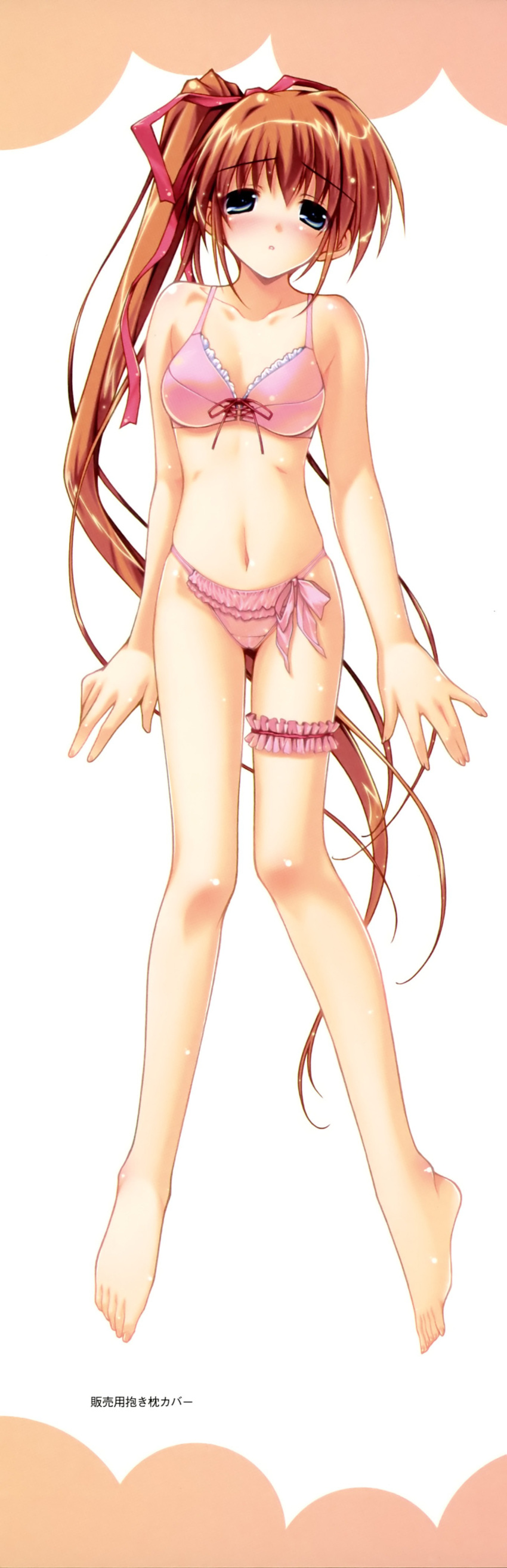 absurdres amane_sou barefoot blue_eyes bra breasts bridal_garter brown_hair female front-tie_top highres legs long_hair medium_breasts momose_mio panties pastel_(game) pink_bra pink_panties scan side_ponytail solo underwear underwear_only very_long_hair