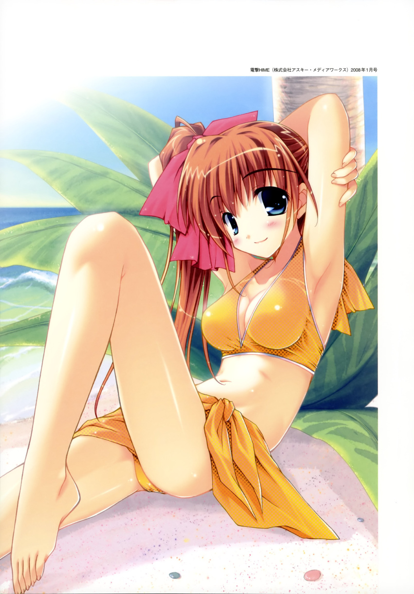 absurdres amane_sou armpits arms_up barefoot bikini blue_eyes breasts brown_hair cleavage female highres leg_up legs medium_breasts momose_mio navel palm_tree pastel_(game) side_ponytail solo swimsuit tree yellow_bikini