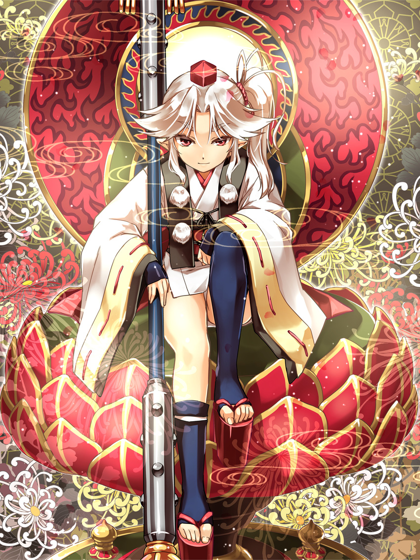 abo_(hechouchou) commentary_request daitengu_(abo) female hat highres japanese_clothes long_hair looking_at_viewer original photoshop_(medium) pointy_ears red_eyes side_ponytail sitting smile solo tokin_hat touhou weapon white_hair