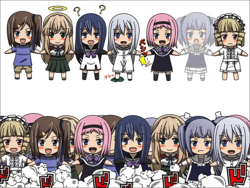 6+girls ? asymmetrical_hair black_border blonde_hair blue_hair blush_stickers border bow brown_eyes brown_hair chibi clone commentary_request detached_sleeves drasil drill_hair dust_cloud everyone frown fujisaki_mako ghost gokukoku_no_brynhildr grey_hair hair_ornament hairband hairclip halo holding_hands kazumi_schlierenzauer kuroha_neko light_purple_hair long_hair maid_headdress multiple_girls open_mouth pink_hair purple_eyes rejection sailor_collar siblings side_ponytail simple_background sisters skirt smile spoilers stampede stomping tachibana_kana takatori_kotori thighhighs todo_(masa3373) tokou_nanami twintails wakabayashi_hatsuna white_background