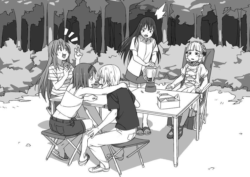 1boy 4girls arm_around_neck bagel blender_(object) chair commentary_request doughnut drill_hair eating food forest gokukoku_no_brynhildr greyscale hairband hand_on_another's_shoulder happy kazumi_schlierenzauer kinosuke_(sositeimanoga) kuroha_neko lolita_fashion long_hair maid_headdress monochrome mouth_hold multiple_girls murakami_ryouta nature outdoors paralysis pastry_box sandals shadow shared_food shirt shoes skirt stool striped_clothes striped_shirt sweatdrop table tachibana_kana takatori_kotori takeout_container tears