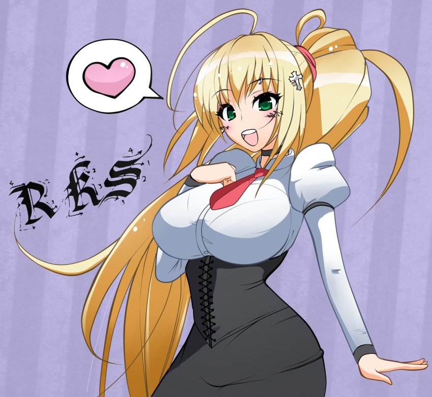 blonde_hair breasts collar corset green_eyes hair_ornament hairpin heart heart highres huge_breasts long_hair necktie piercing ponytail rosenkreuzstilette spiritia_rosenberg very_long_hair