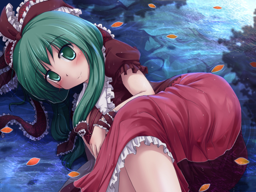 blush bow commentary_request dress female frills front_ponytail green_eyes green_hair hair_ribbon hairbow highres kagiyama_hina leaf long_hair lying lying_on_water lzh on_side partially_submerged puffy_short_sleeves puffy_sleeves red_dress ribbon shadow shallow_water short_sleeves smile solo touhou water