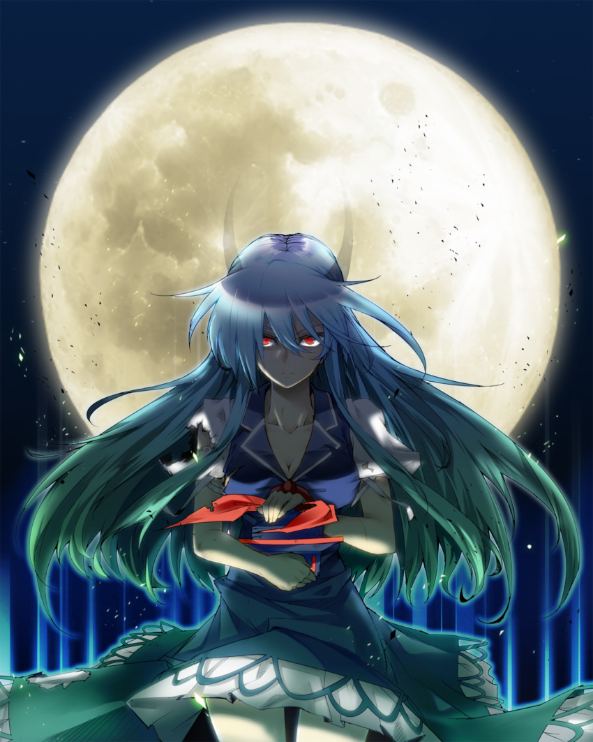 blue_hair breasts cleavage commentary_request dress ex-keine female full_moon gradient_hair green_hair hat highres horns kamishirasawa_keine kasu_kazu long_hair medium_breasts moon multicolored_hair photoshop_(medium) red_eyes solo touhou transformation unworn_hat unworn_headwear