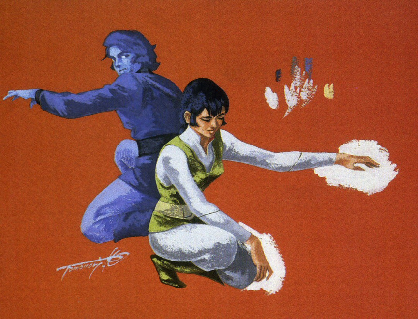 1970s_(style) 1980s_(style) 1boy back-to-back bes_jordan black_hair densetsu_kyojin_ideon female karala_ajiba kneeling kogawa_tomonori looking_at_viewer looking_back official_art ponytail production_art retro_artstyle scan short_hair signature traditional_media twintails uniform