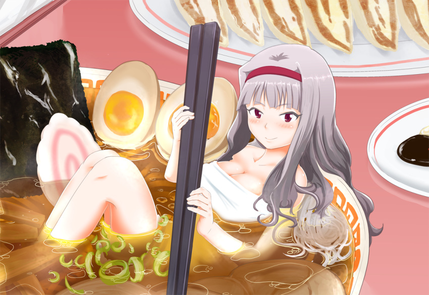 bowl breasts chopsticks cleavage commentary_request egg female food grey_hair hairband idolmaster idolmaster_(classic) in_bowl in_container in_food kamaboko large_breasts long_hair meandros mini_person minigirl murakumo1987 narutomaki noodles nori_(seaweed) ramen red_eyes shijou_takane smile solo towel