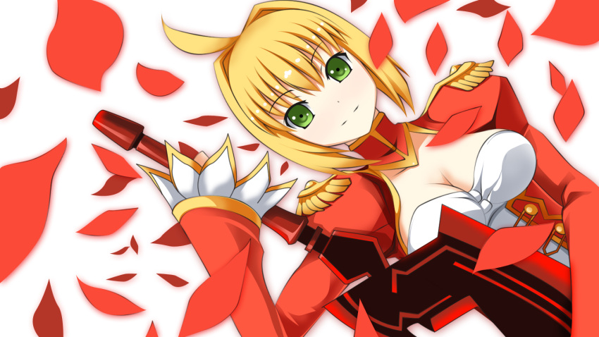 aestus_estus ahoge bad_id bad_pixiv_id blonde_hair breasts cleavage dress dutch_angle epaulettes fate/extra fate_(series) female green_eyes large_breasts nero_claudius_(fate) nero_claudius_(fate/extra) petals photoshop_(medium) solo sword weapon yakitori_(oni)