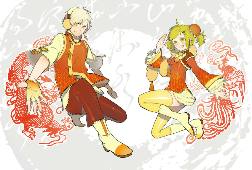 1boy bad_id bad_pixiv_id bird character_request chinese_clothes chinese_new_year dragon earmuffs female highres kaninn lolita_fashion new_year orange_theme original personification phoenix photoshop_(medium) pose salute sayagata tangzhuang text_background toggles wa_lolita