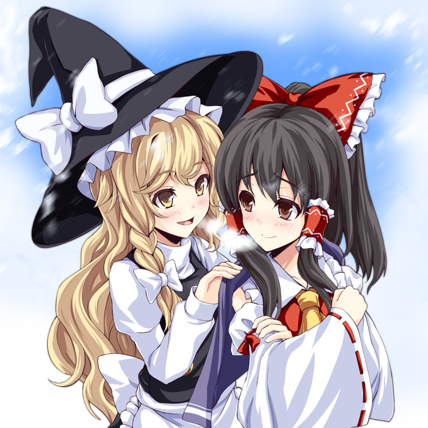 2girls asu_hare black_hair blonde_hair bow braid breath capelet crossed_arms detached_sleeves hair_tubes hairbow hakurei_reimu hand_on_shoulder hat highres kirisame_marisa long_hair multiple_girls open_mouth photoshop_(medium) ribbon-trimmed_sleeves ribbon_trim side_braid smile touhou witch_hat yellow_eyes