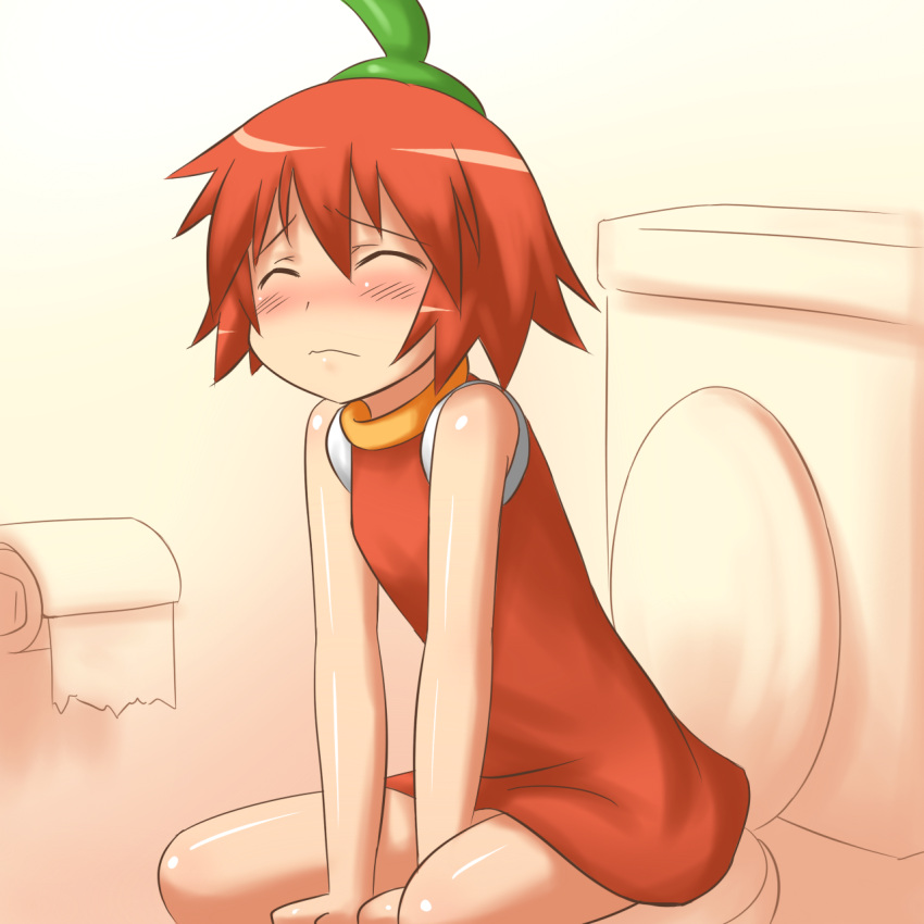 aaaa arm_support blush character_request closed_eyes dress female full-face_blush habanero habanero-tan hair_between_eyes highres lolicon red_hair shiny shiny_hair shiny_skin short_hair sitting sleeveless solo tissue toilet toilet_use