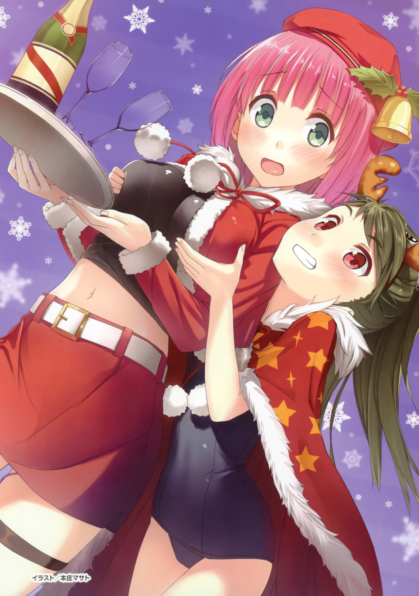 2girls absurdres alcohol antlers artist_name bell beret blush breasts cape christmas cup drinking_glass dutch_angle fur_trim grabbing grabbing_another's_breast grabbing_from_behind green_eyes grin hat highres honjou_masato horns image_sample kohinata_hinata love_lab_(visual_novel) mashima_saki medium_breasts midriff multiple_girls navel one-piece_swimsuit open_mouth pink_hair ponytail red_eyes school_swimsuit short_hair skirt smile snowflakes swimsuit tray wine wine_glass yandere_sample yuri