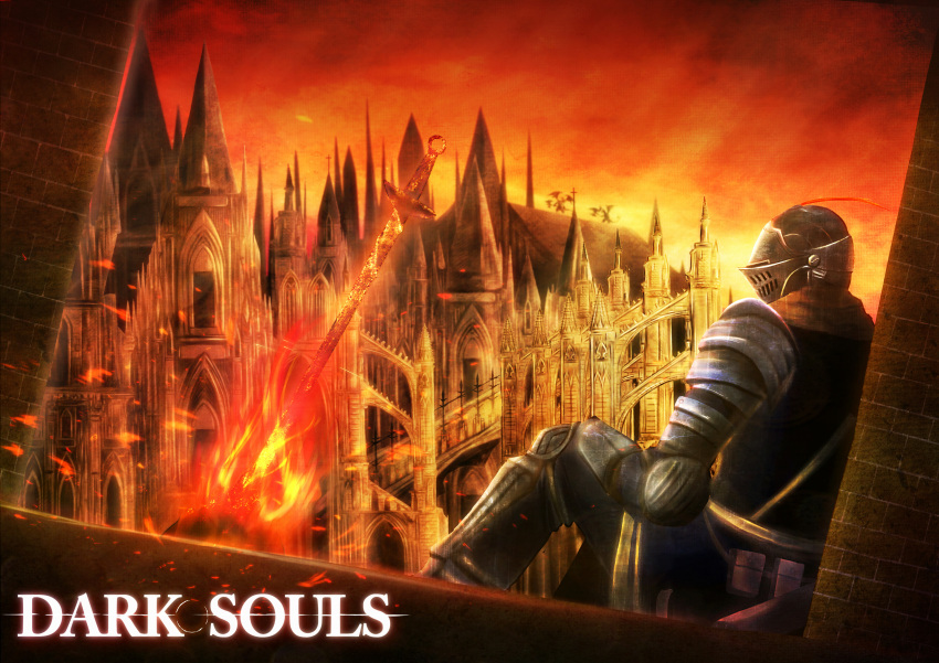 1boy absurdres anor_londo armor bad_id bad_pixiv_id belfry_gargoyle castle church city cityscape dannzairosuto dark_souls_(series) dark_souls_i fire helmet highres in-universe_location knight_of_astora_oscar scenery sword weapon