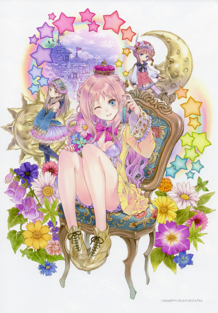 3girls absurdres aged_down arched_crown atelier_(series) atelier_meruru bare_legs bellflower bloomers blue_flower bow chair convenient_leg crescent_moon crown daisy flower half_updo highres kishida_mel merurulince_rede_arls mini_crown moon multiple_girls official_art orange_flower photoshop_(medium) pink_flower purple_flower rainbow_order red_bow red_crown rororina_fryxell sitting star_(symbol) sun_symbol totooria_helmold underwear vial white_flower yellow_flower