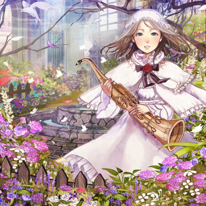 bird blue_eyes branch brown_hair bug building butterfly capelet commentary_request dress female fence flower fountain frills garden gathers hair_ornament headdress highres holding instrument lips looking_at_viewer mole mole_under_mouth original petals red_flower red_rose ribbon rose saxophone shigureteki short_hair solo white_dress white_flower white_rose window