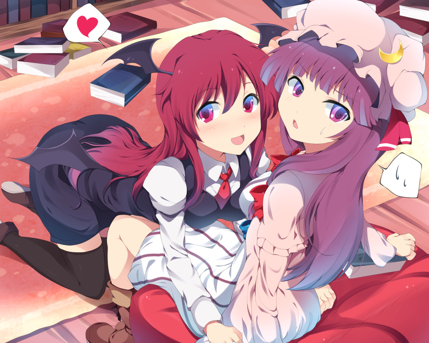 2girls bad_id bad_pixiv_id bat_wings black_legwear blush book boots bow crescent dress dress_shirt hat head_wings heart highres kneeling koakuma long_hair mizukami_ryouma multiple_girls necktie patchouli_knowledge purple_eyes purple_hair red_eyes red_hair ribbon shirt sitting skirt smile spoken_heart spoken_sweatdrop sweatdrop thighhighs touhou vest wings zettai_ryouiki