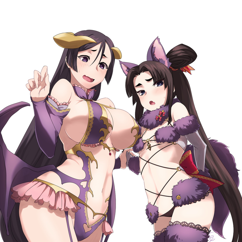 2girls animal_ears bad_id bad_pixiv_id black_hair blue_eyes blush breasts cleavage commentary_request cosplay detached_sleeves elbow_gloves fate/grand_order fate_(series) gloves heart heart-shaped_pupils highres horns irisviel_von_einzbern irisviel_von_einzbern_(cosplay) irisviel_von_einzbern_(halloween_princess) irisviel_von_einzbern_(halloween_princess)_(cosplay) large_breasts long_hair looking_at_viewer mash_kyrielight mash_kyrielight_(cosplay) mash_kyrielight_(dangerous_beast) mash_kyrielight_(dangerous_beast)_(cosplay) minamoto_no_raikou_(fate) multiple_girls navel oerba_yun_fang open_mouth purple_eyes purple_tail purple_thighhighs revealing_clothes shimomoto showgirl_skirt side_ponytail simple_background sweatdrop symbol-shaped_pupils tail thighhighs ushiwakamaru_(fate) very_long_hair white_background wings wolf_ears wolf_tail