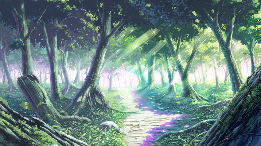 bad_id bad_pixiv_id forest grass highres light_rays moss nature no_humans original outdoors path photoshop_(medium) plant plant_roots road scenery sprout sunbeam sunlight tree tree_stump tsutomu_momouchi vines