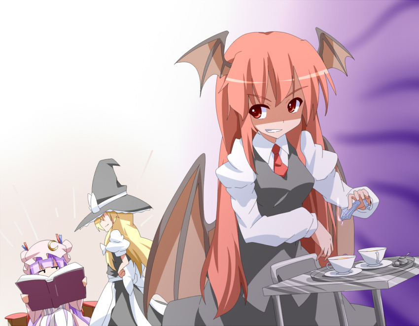 3girls :d apron bad_id bad_pixiv_id bat_wings black_dress blonde_hair blunt_bangs book bottle bow collared_shirt crescent cup dress dress_shirt evil_grin evil_smile fueiku grin hair_over_eyes hair_ribbon hands_on_own_hips hat hat_bow head_wings holding holding_book jitome kirisame_marisa koakuma large_bow long_hair long_sleeves low_wings mob_cap multiple_girls necktie open_book open_mouth patchouli_knowledge poison_(final_fight) pouring puffy_short_sleeves puffy_sleeves purple_hair reading red_eyes red_hair red_necktie ribbon saucer serving_cart shaded_face shirt short_sleeves sitting skirt skirt_set smile smirk standing tea teacup touhou tray v-shaped_eyebrows very_long_hair vest vial waist_apron white_shirt wings witch_hat