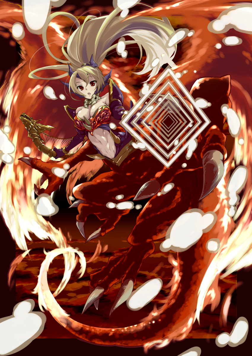 abs armlet bad_id bad_pixiv_id bare_shoulders blonde_hair bracelet breasts centauroid claws cleavage clothing_cutout collarbone diamond_(shape) dragon dragon_girl dragon_horns dragon_tail dragon_wings duel_monster elbow_gloves female full_body gloves hair_between_eyes harp headpiece high_ponytail highres holding holding_instrument horns instrument jewelry large_breasts monster_girl navel navel_cutout open_mouth photoshop_(medium) ponytail queen_dragun_djinn red_eyes solo square tail taur toru_k wings yu-gi-oh!