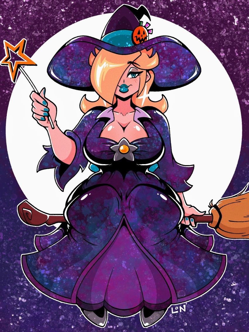 1girls blonde_hair blue_eyes cleavage costume female female_only halloween legendofnerd mario_(series) mario_kart mario_kart_tour moon princess_rosalina solo witch