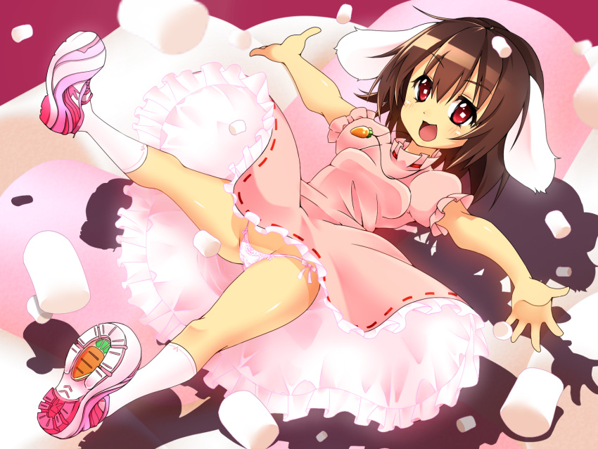 animal_ears bad_id bad_pixiv_id brown_hair carrot carrot_necklace female food highres inaba_tewi jewelry kotomuke_fuurin lowleg lowleg_panties marshmallow necklace panties pantyshot pendant rabbit_ears red_eyes shoes side-tie_panties smile sneakers solo touhou underwear white_legwear