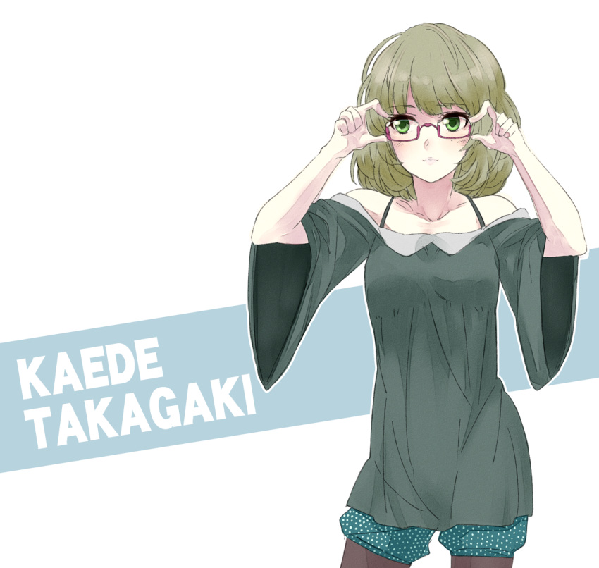 aqua_shorts bare_shoulders bespectacled character_name commentary_request female glasses green_eyes idolmaster idolmaster_cinderella_girls pantyhose pantyhose_under_shorts rison short_hair shorts solo takagaki_kaede