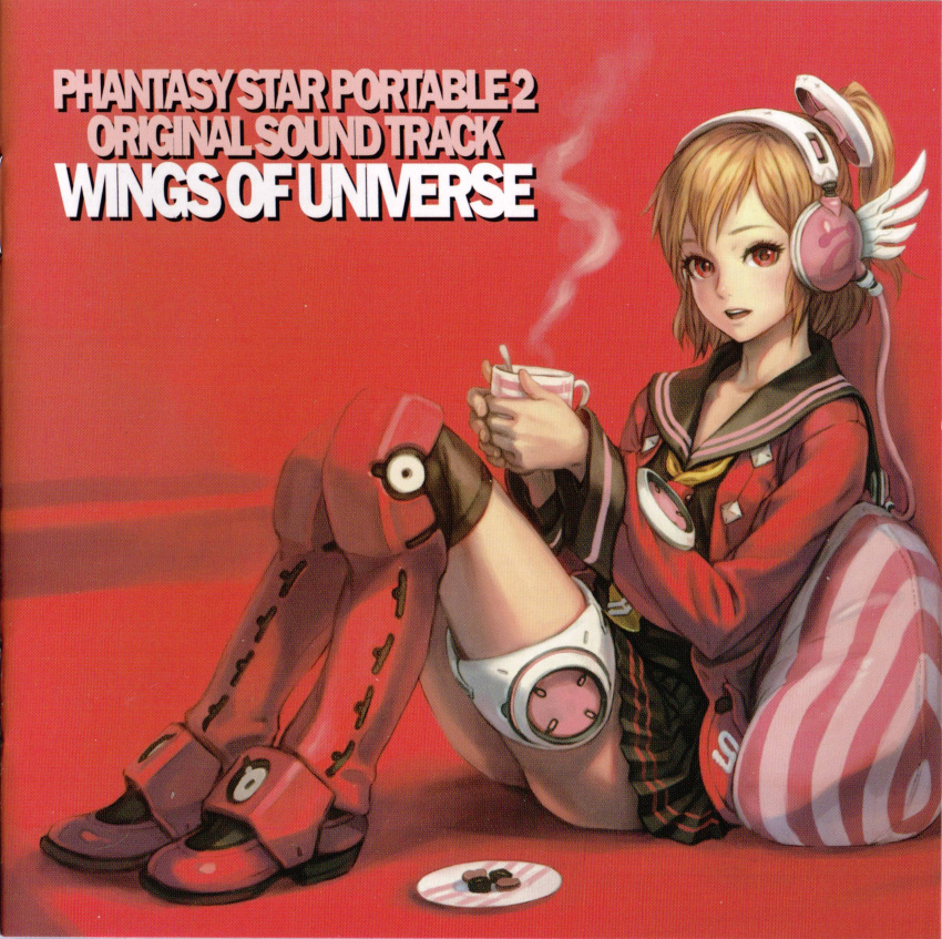 absurdres album_cover armor artist_request bad_link cover cup emilia_percival english_text female headphones highres legs phantasy_star phantasy_star_portable_2 pillow plate ponytail scan school_uniform serafuku sitting skirt