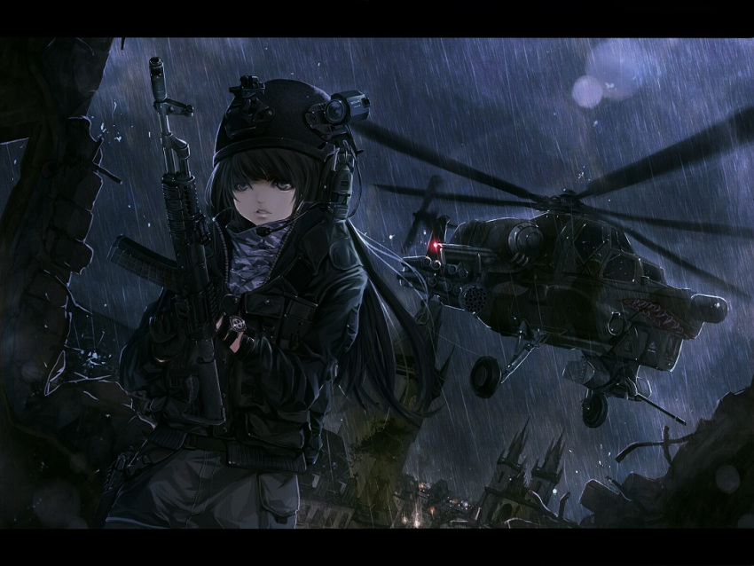 aircraft ak-74 assault_rifle bad_id bad_pixiv_id black_hair black_legwear call_of_duty call_of_duty:_modern_warfare_3 clock clock_tower female gloves gun headset helicopter helmet holster kalashnikov_rifle koh_(minagi_kou) letterboxed load_bearing_vest long_hair mi-28 military military_operator military_uniform pantyhose rain realistic rifle scenery skirt thigh_holster tower trigger_discipline uniform watch weapon