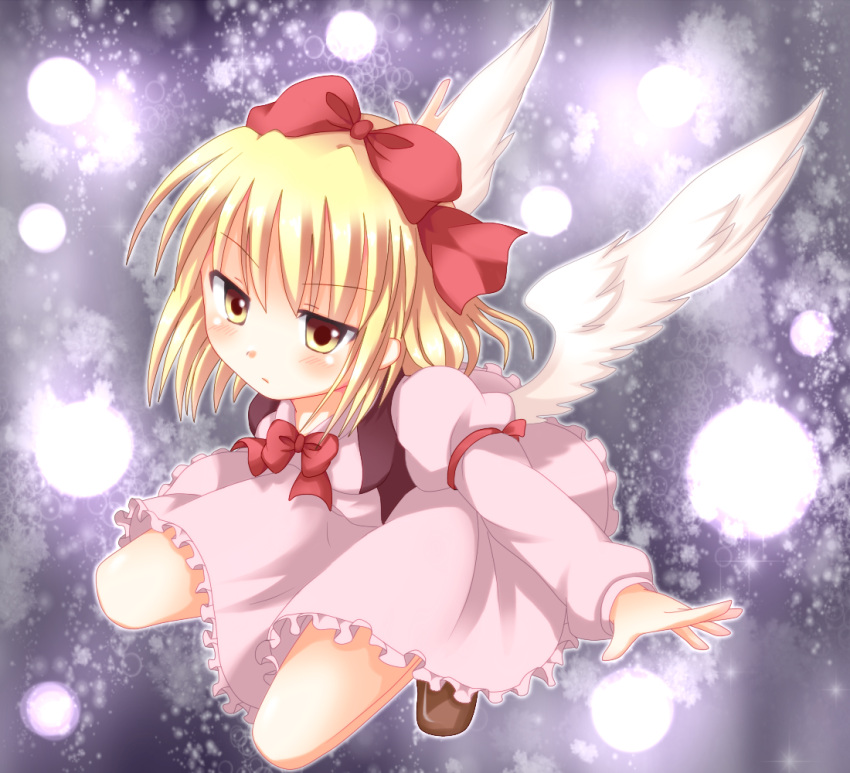 angel_wings blonde_hair bow commentary_request danmaku dress female fuyoyo gengetsu_(touhou) hairbow outstretched_arms red_bow short_hair solo squatting touhou touhou_(pc-98) wings yellow_eyes