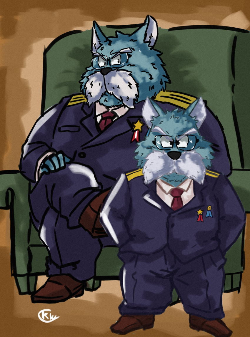 2022 anthro blue_body blue_fur bottomwear canid canine canis clothing domestic_dog dragon_ball eyewear facial_hair fur furniture glasses hi_res kerim_will king_furry male mammal mature_male moustache necktie pants shirt sitting sofa solo topwear