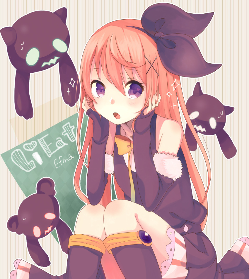 :o artist_name black_legwear black_ribbon chalkboard character_name check_commentary commentary_request creature efina elbow_gloves female fingerless_gloves gloves hair_ornament hand_in_own_hair heart highres lieat mani_m open_mouth orange_hair purple_eyes ribbon skirt