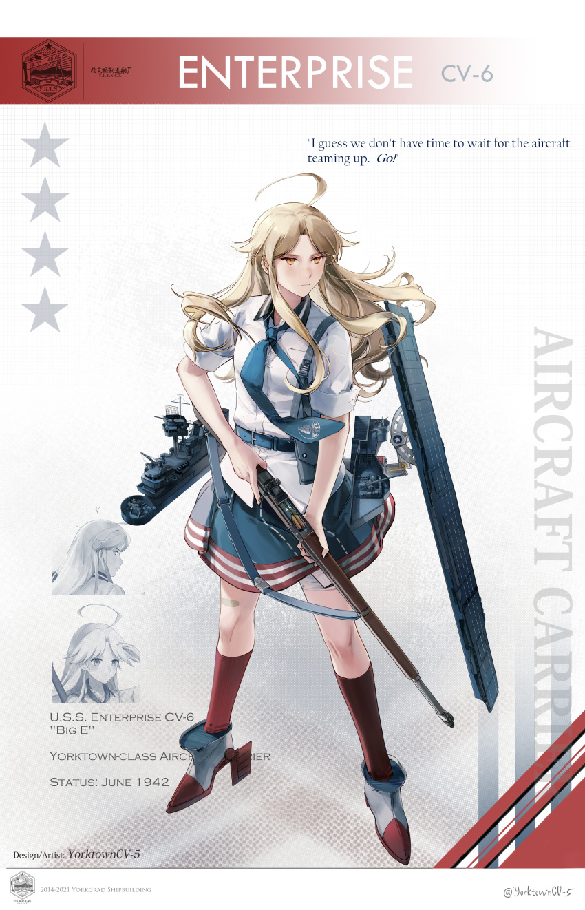 absurdres ahoge aircraft_carrier anti-aircraft_gun blonde_hair blue_necktie character_name english_text female flight_deck gun high_heels highres holding holding_gun holding_weapon long_hair m1_garand machinery mecha_musume military military_vehicle necktie original personification rifle rudder_footwear ship shirt short_sleeves sidelocks solo united_states_navy uss_enterprise_(cv-6) warship watercraft weapon white_shirt yorktown_cv-5