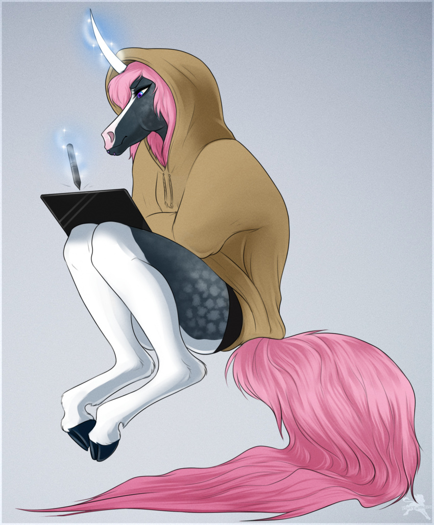 2022 anthro clothed clothing cloven_hooves digital_media_(artwork) drawing_tablet electronics equid equine eyebrows eyelashes facial_markings female fluffymare hair head_markings heterochromia hi_res hoodie hooves horn looking_down magic_user mammal mane markings multicolored_body mythological_creature mythological_equine mythology pink_hair pink_mane pink_tail raeni simple_background sitting solo tablet_pen tail topwear two_tone_body underwear unicorn