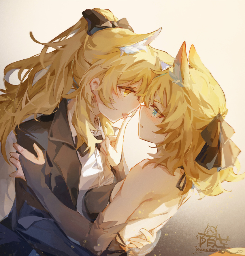 2021 absurd_res animal_humanoid arknights aunt_(lore) aunt_and_niece_(lore) blemishine_(arknights) blonde_hair blue_eyes blush bow_tie breasts clothed clothing duo equid equid_humanoid equine equine_humanoid eye_contact female female/female fur hair hi_res humanoid humanoid_on_humanoid hypergryph imminent_kiss inner_ear_fluff looking_at_another mammal mammal_humanoid marginal niece_(lore) studio_montagne tuft whislash_(arknights) white_body white_fur