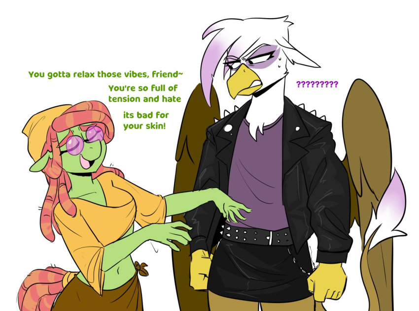 angry anthro anthrofied avian beak bottomwear clothing dialogue dreadlocks duo earth_pony english_text equid equine eyewear female friendship_is_magic furgonomics gilda_(mlp) glasses gryphon hasbro headkerchief horse jacket kerchief leather leather_clothing leather_jacket leather_topwear mammal miniskirt my_little_pony mythological_avian mythological_creature mythology pony redxbacon skirt sunglasses tail tail_through_skirt text topwear tree_hugger_(mlp)