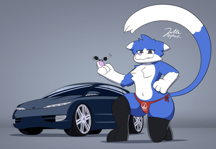 2000s ambiguous_gender anthro belly blue_body blue_fur car clothing domestic_cat felid feline felis femboy fluffy fur grey_eyes hi_res jetta_(jettacat) jettacat leggings legwear looking_at_viewer looking_down low-angle_view mammal navel oldsmobile oldsmobile_profile satire smile smirk solo teeth thong underwear vehicle wide_hips