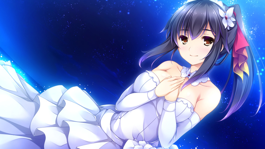 black_hair brown_eyes chihara_noa dress ensemble_(company) game_cg night otome_ga_irodoru_koi_no_essence ponytail sky stars