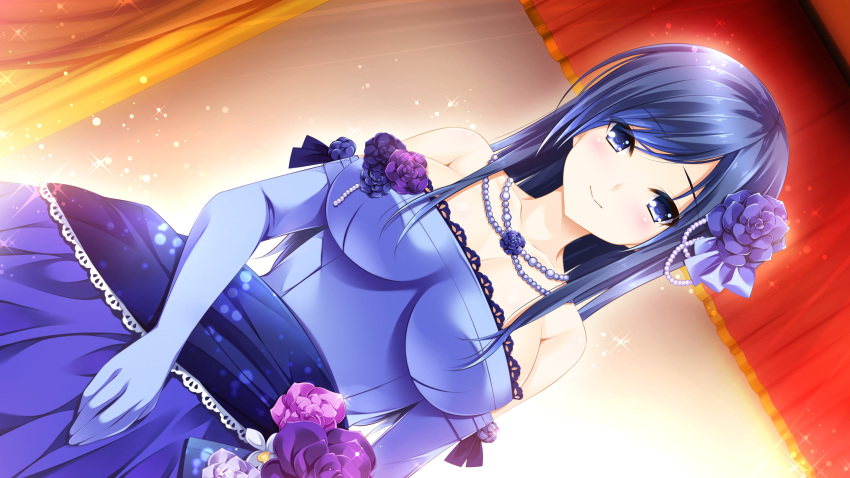 blue_eyes blue_hair dress elbow_gloves ensemble_(company) flowers game_cg gloves long_hair makise_satsuki necklace otome_ga_irodoru_koi_no_essence rose