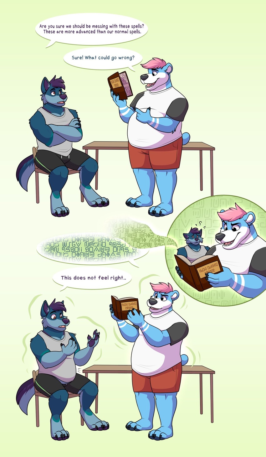 anthro bear belly big_belly blue_body blue_fur book canid canine canis chair clothing dialogue duo english_text exposed_belly fit_to_fat fur furniture hair hi_res letterbox looking_at_self magic magic_user male mammal muscular obese obese_anthro obese_male overweight overweight_anthro overweight_male pink_hair purple_hair series_(disambiguation) shikakaka shirt simple_background speech_bubble tank_top text topwear torn_clothing toza weight_gain wolf yukon