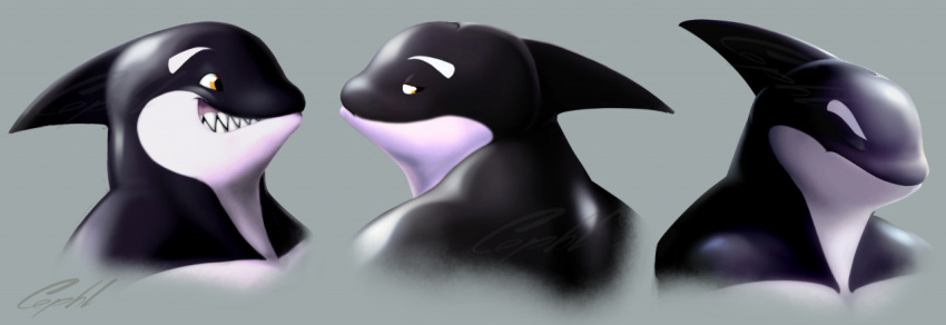 anthro black_body black_skin cephl cetacean dolphin facial_expressions fin frown looking_back male mammal marine oceanic_dolphin orange_eyes orca smile solo teeth toothed_whale white_body white_skin