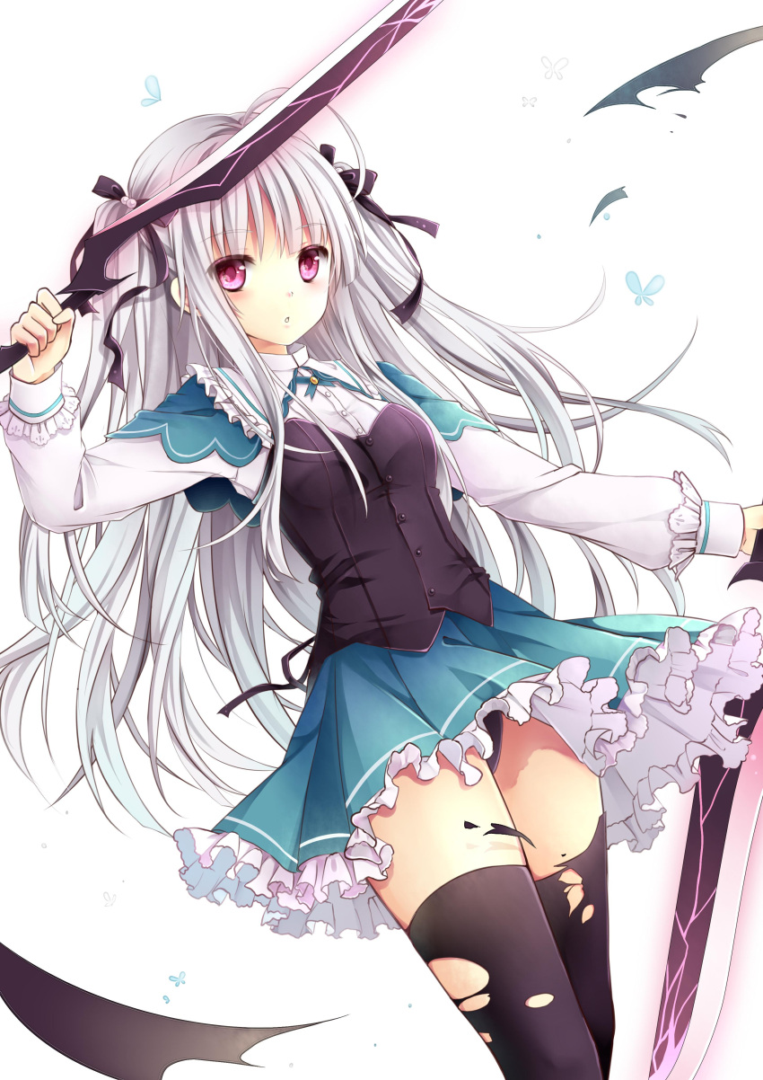 absolute_duo absurdres ahoge black_panties black_thighhighs bow dual_wielding female gyaza hair_ribbon hairbow highres holding kouryou_academy_school_uniform long_hair looking_at_viewer panties pantyshot purple_eyes ribbon school_uniform solo standing sword thighhighs twitter_username two_side_up underwear weapon white_hair yurie_sigtuna