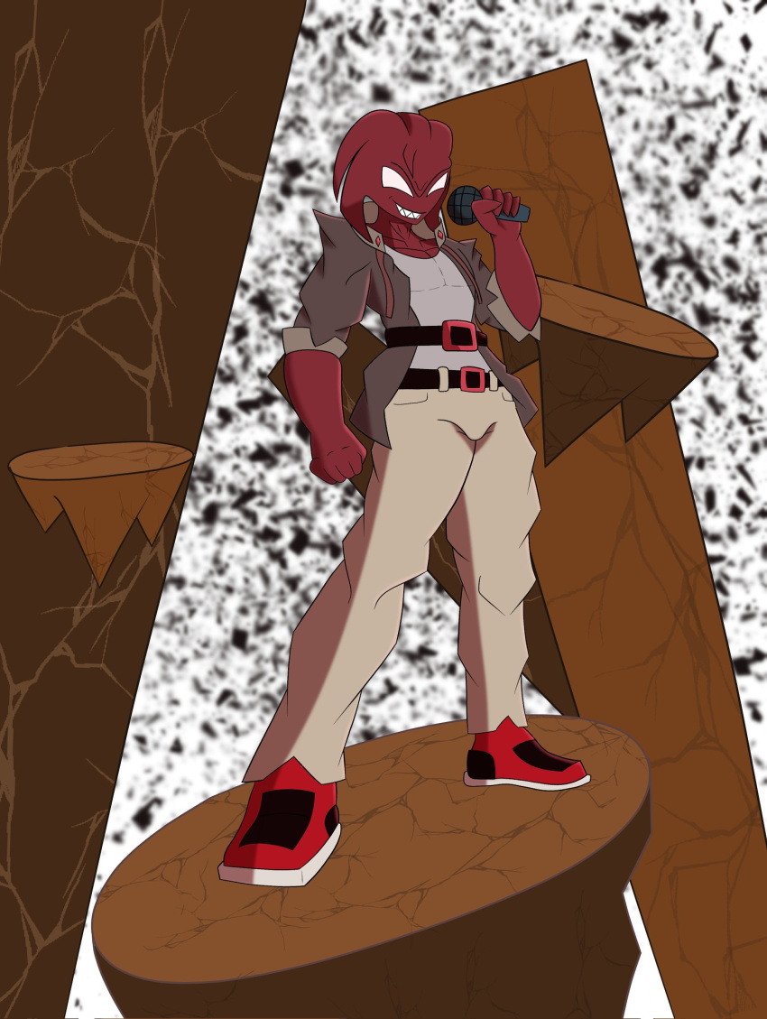 2021 aldryx_andromeda clothing detailed_background digidevil electronics empty_eyes hi_res humanoid male microphone not_furry reapcreates831 red_body sharp_teeth solo teeth trans_(lore) trans_man_(lore)