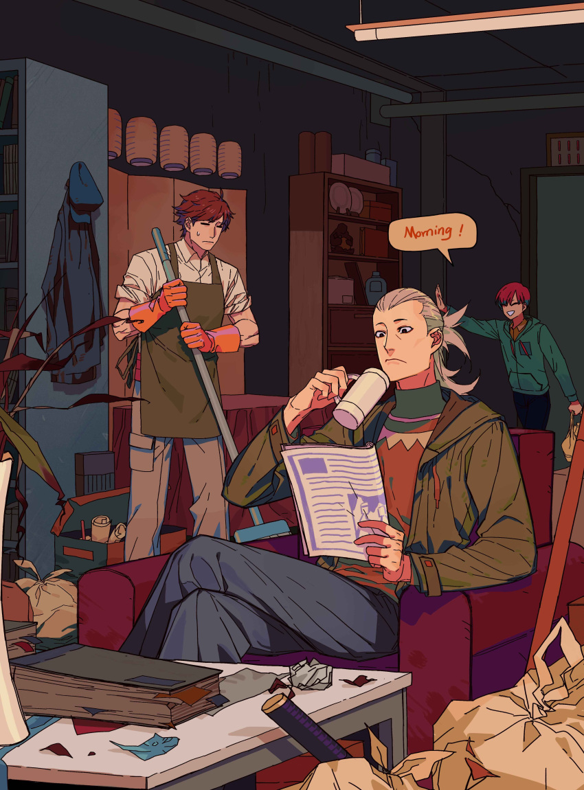 3boys :d absurdres apron black_eyes book broom closed_eyes coat commentary_request crossed_legs cup food_wrapper gloves grey_hair highres holding holding_broom holding_cup indoors jacket james_moriarty_(kabukichou_sherlock) john_watson_(kabukicho_sherlock) kabukichou_sherlock lantern male_focus microscope mug multiple_boys open_mouth orange_gloves paper_lantern plate requiemzz shelf sherlock_holmes_(kabukicho_sherlock) shirt sitting smile standing sweatdrop trash_bag unworn_coat white_shirt