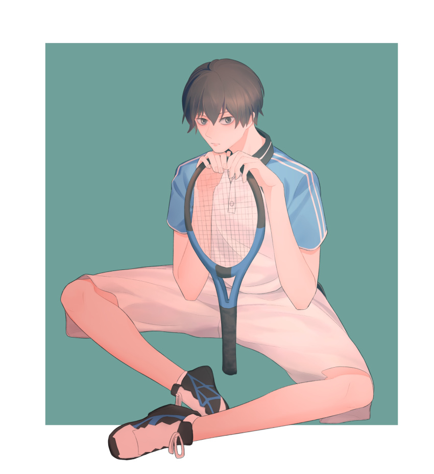 1boy absurdres black_hair blue_background commentary full_body hair_between_eyes highres hoshiai_no_sora katsuragi_maki looking_at_viewer male_focus racket shoes short_sleeves shorts simple_background sitting sneakers solo sportswear tennis_racket white_shorts zebra_(1298007521)