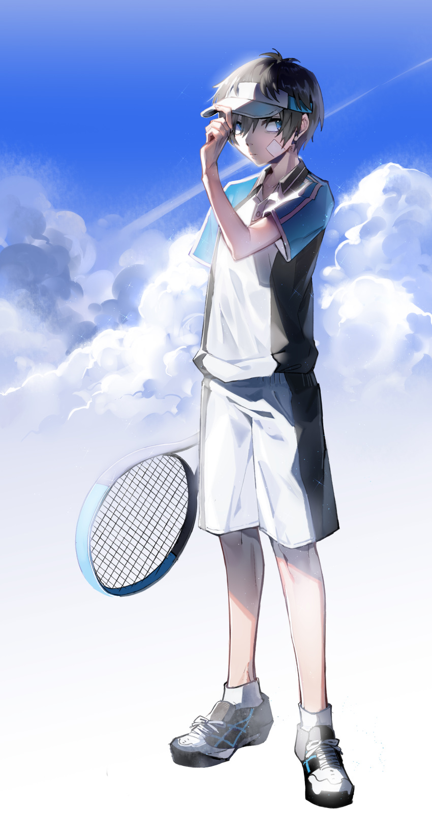 1boy absurdres adjusting_clothes adjusting_headwear bandage_on_face bandages black_hair blue_eyes blue_sky cloud commentary_request day full_body hand_up highres holding holding_racket hoshiai_no_sora katsuragi_maki looking_at_viewer male_focus racket shoes short_sleeves shorts sky sneakers solo sportswear standing visor_cap yukikohuang