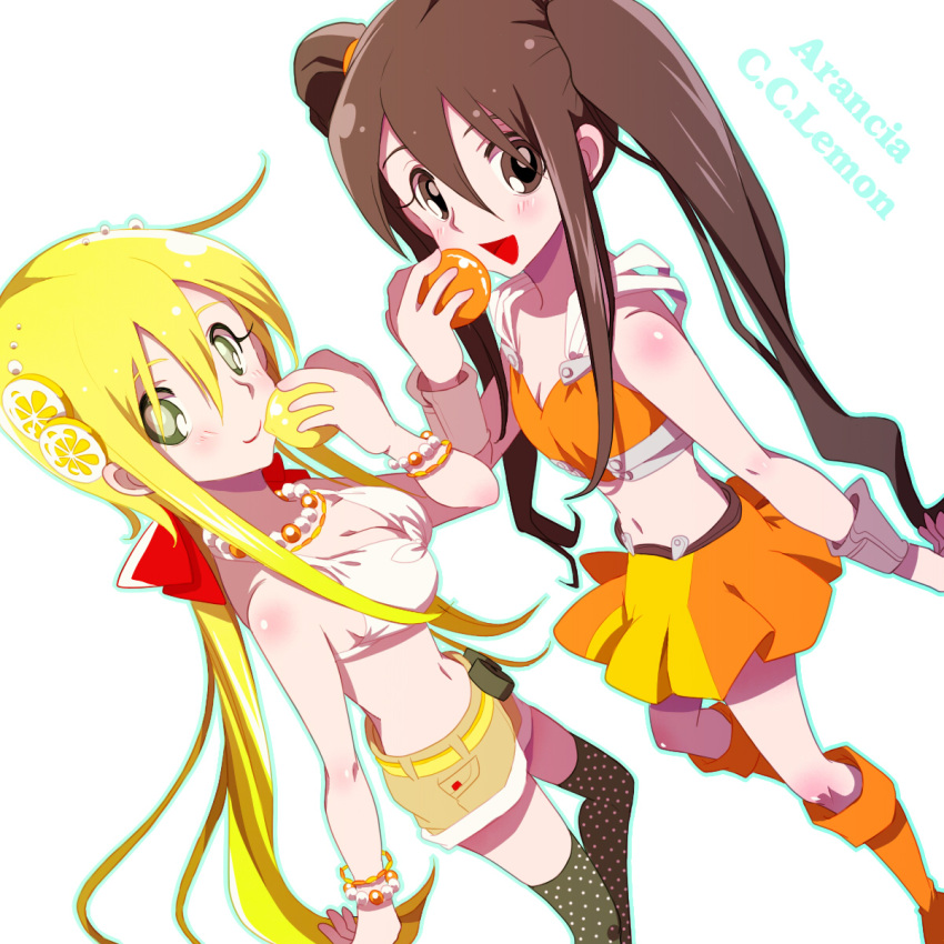 2girls arancia atom_(@tom) bad_id bad_pixiv_id blonde_hair bracelet brown_hair c.c._lemon c.c._lemon_(character) character_name food food-themed_hair_ornament fruit hair_ornament highres holding holding_food holding_fruit jewelry lemon lemon_hair_ornament long_hair looking_at_viewer midriff miniskirt multiple_girls navel necklace open_mouth orange_(fruit) orange_skirt original polka_dot polka_dot_legwear ponytail shorts skirt smile thighhighs twintails