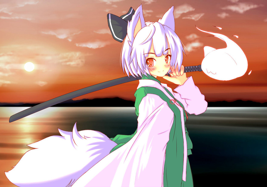 animal_ears blush colorized commentary_request female fox_ears fox_tail kemonomimi_mode konpaku_youmu konpaku_youmu_(ghost) red_eyes short_hair smile solo tail touhou tsukineko_noel yu-ves