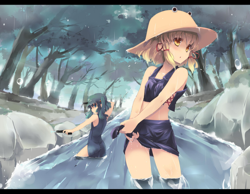 2girls :o bare_shoulders blonde_hair blue_eyes commentary_request dual_wielding forest green_hair hat holding kawashiro_nitori letterboxed midriff moriya_suwako multiple_girls nature one-piece_swimsuit rain school_swimsuit shin_(new) short_hair skirt stream swimsuit touhou tree two_side_up wading water water_gun wringing_clothes yellow_eyes