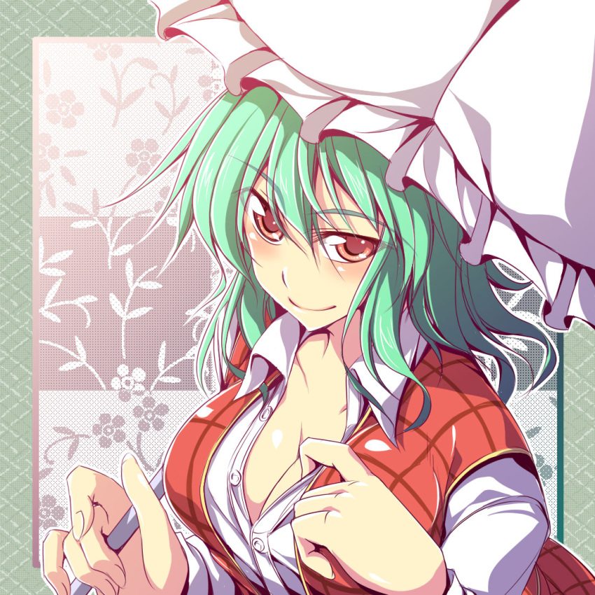 breasts cleavage collarbone commentary_request dress_shirt female fuyuwa_kotatsu green_hair kazami_yuuka medium_breasts plaid plaid_vest red_eyes shirt smile solo touhou umbrella unbuttoned upper_body vest