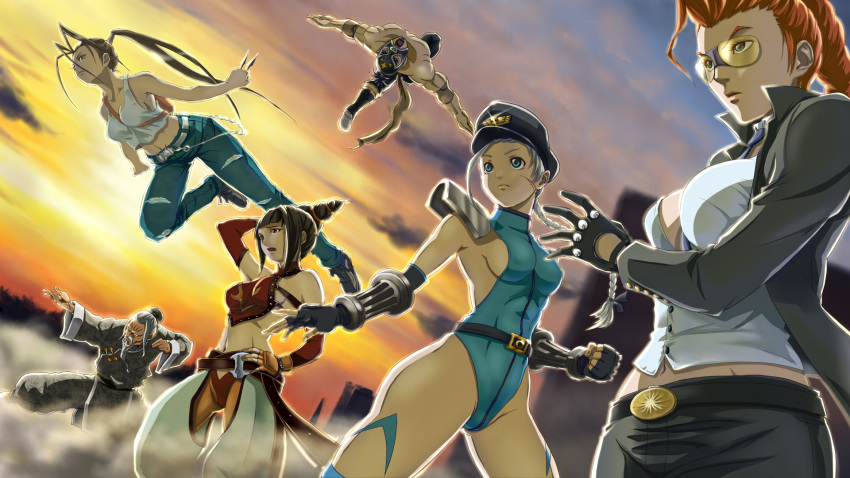 2boys 4girls alternate_color alternate_costume alternate_hair_color battle beard belt black_gloves black_hair blue_leotard braid breasts brown_hair cammy_white chinese_clothes commentary_request crimson_viper drill_hair dudou el_fuerte facial_hair fighting_stance fingerless_gloves gen_(street_fighter) glasses gloves green_eyes halterneck hand_on_own_hip hat highres hikawa2 ibuki_(street_fighter) juri_han kunai leotard mask medium_breasts midriff multiple_boys multiple_girls navel pink_eyes ponytail red_hair scar sideboob street_fighter street_fighter_iv_(series) sunglasses sunset twin_drills weapon white_hair wrestler